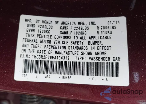 2014 Honda Accord Lx z USA, uszkodzony, nr VIN 1HGCR2F36EA134319